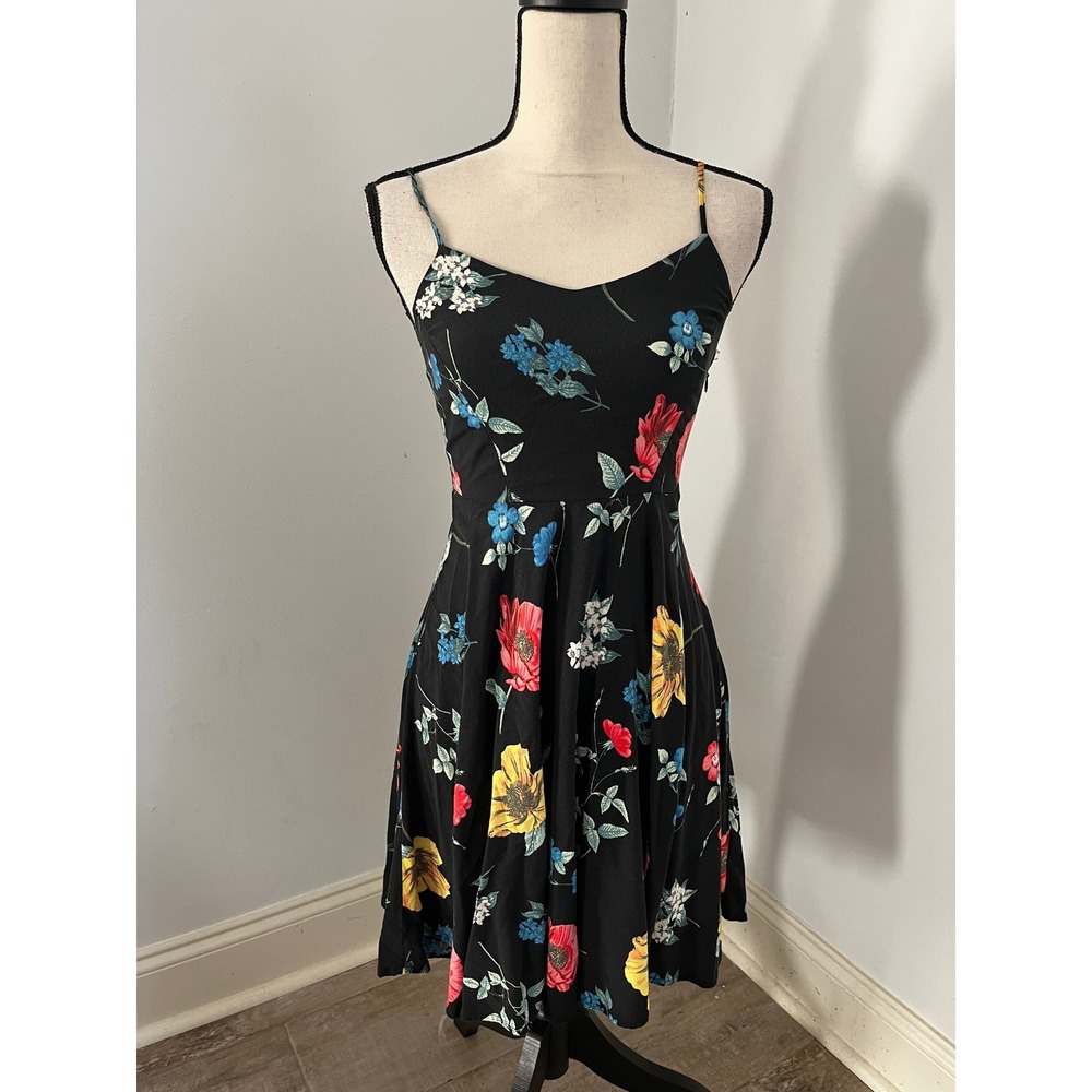 Black Floral Skater Dress XS Smocked Sweetheart Mini Cottagecore Boho Sun Dress